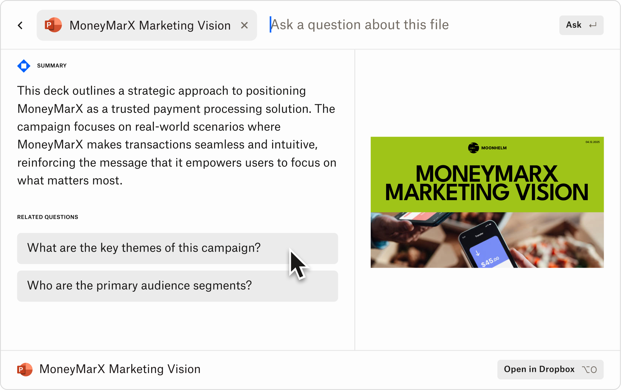 A screenshot of the Dash Chat screen shows someone using it to create a document summary.