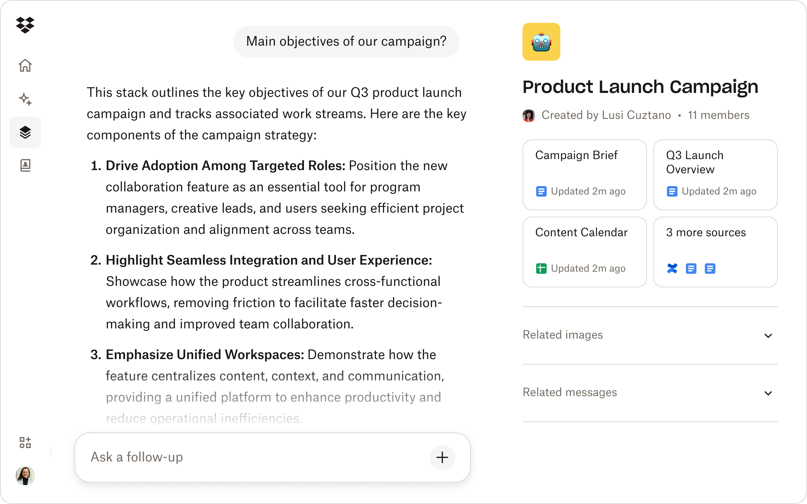 A dashboard view of a product launch campaign stack in Dropbox Dash, showing campaign documents and AI prompt suggestions.