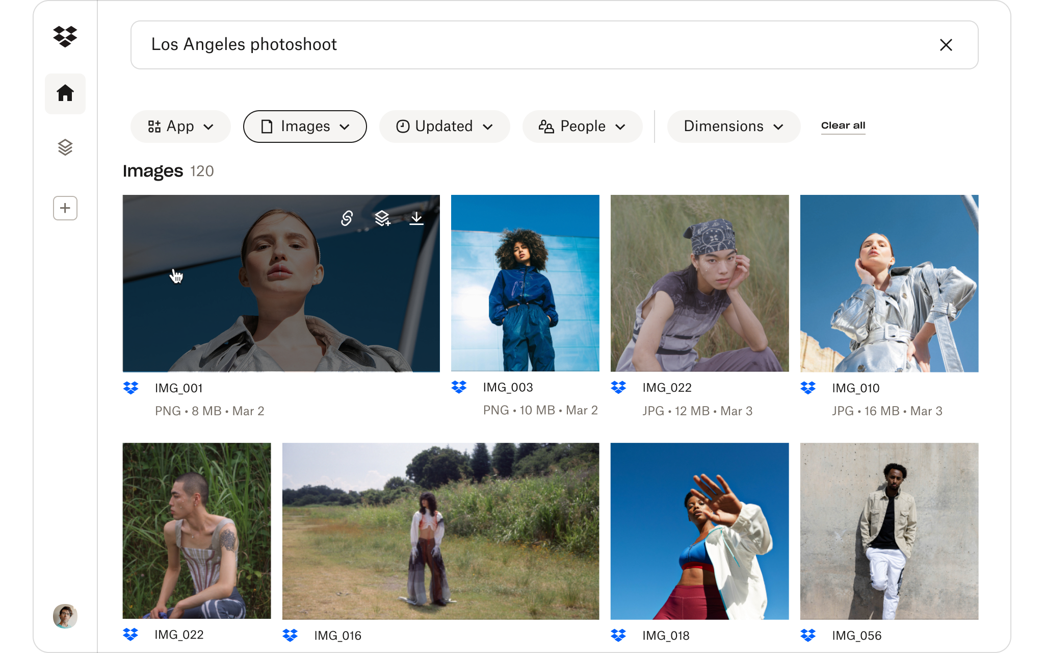 AI-powered Dropbox search filters and organizes images from a photoshoot for faster creative asset discovery