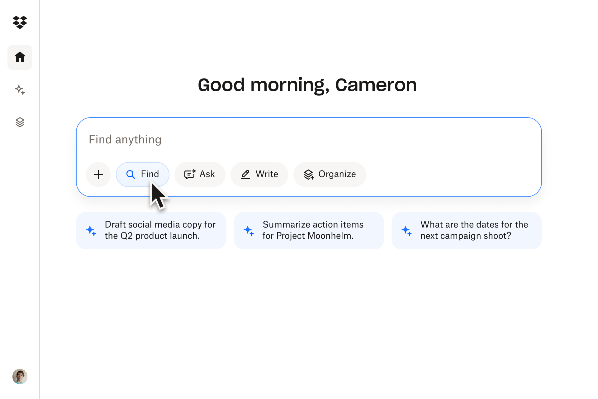 Centralized dashboard in Dropbox Dash offering AI-powered search suggestions.