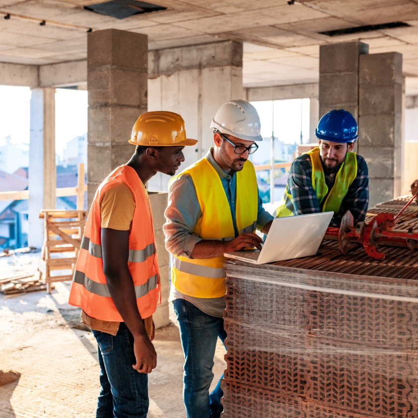 People gather on a construction site surrounded by materials while having a discussion.