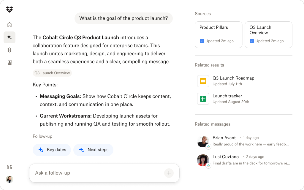 A screenshot of the Dash UI showing a user having a conversation in the platform, using Dash Chat.