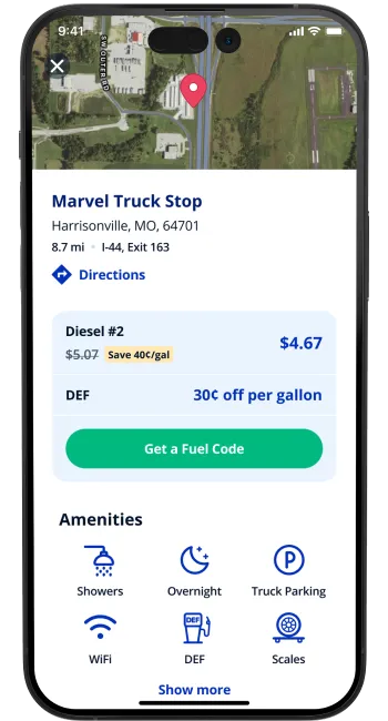 Phone displaying truck stop details UI