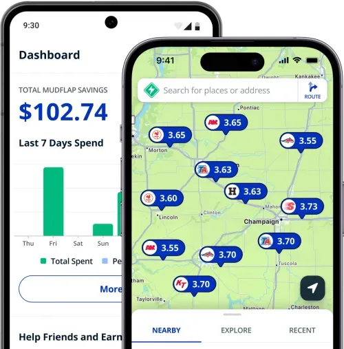 Two phones displaying Mudflap's map and dashboard UI