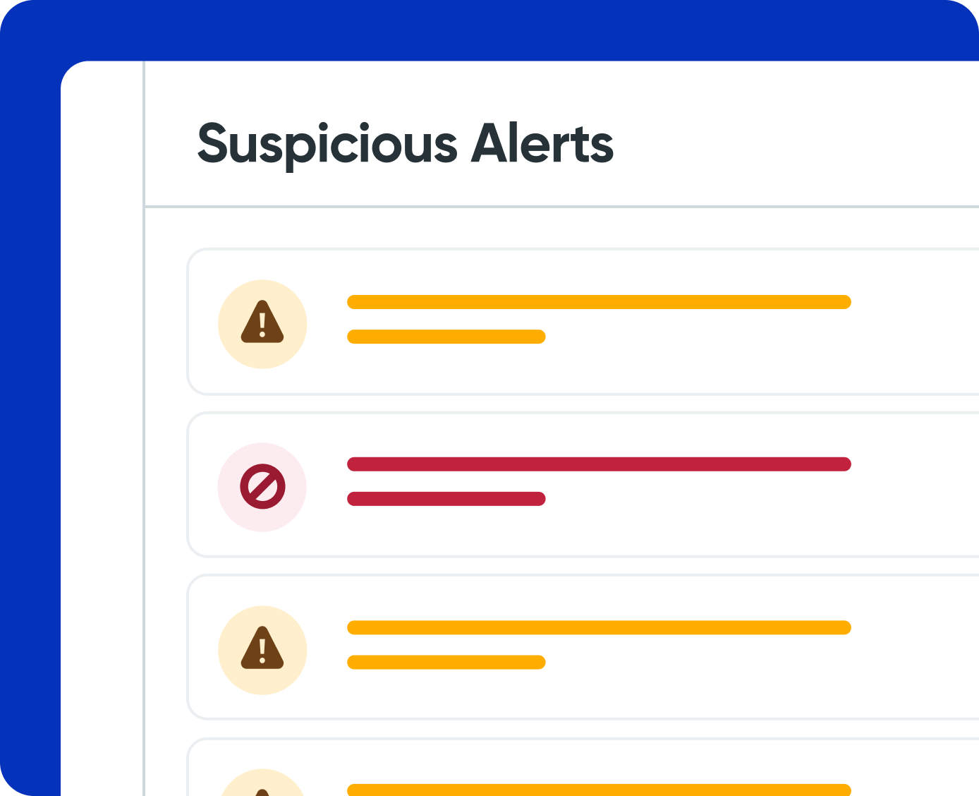 Graphic showing the Suspicious Alerts tab in the dashboard, showing several transactions with warnings