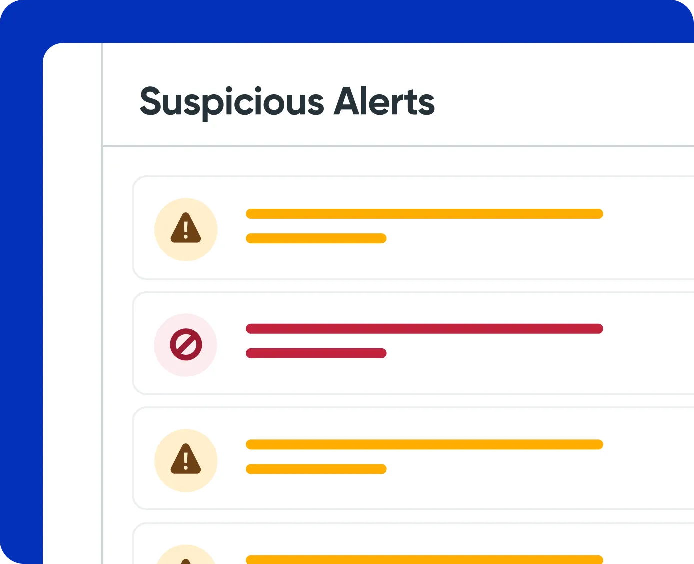 Graphic showing the Suspicious Alerts tab in the dashboard, showing several transactions with warnings