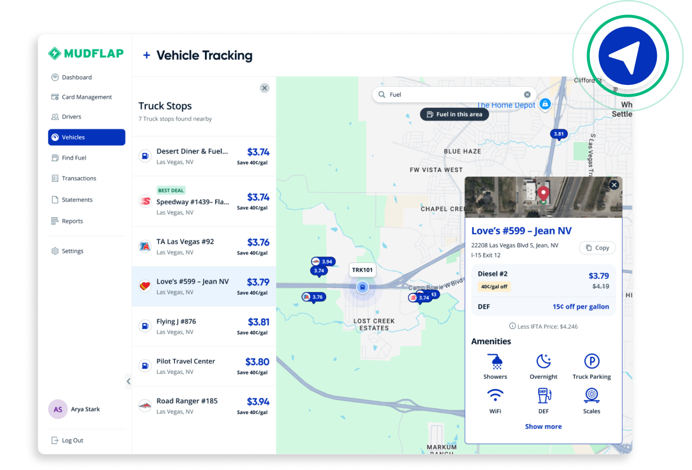 View of the Vehicle Tracking page in the dashboard, showing a map with icons tracking live trucks driving on the road as well as nearby truck stops