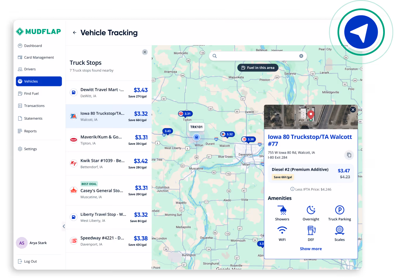 View of the Vehicle Tracking page in the dashboard, showing a map with icons tracking live trucks driving on the road as well as nearby truck stops