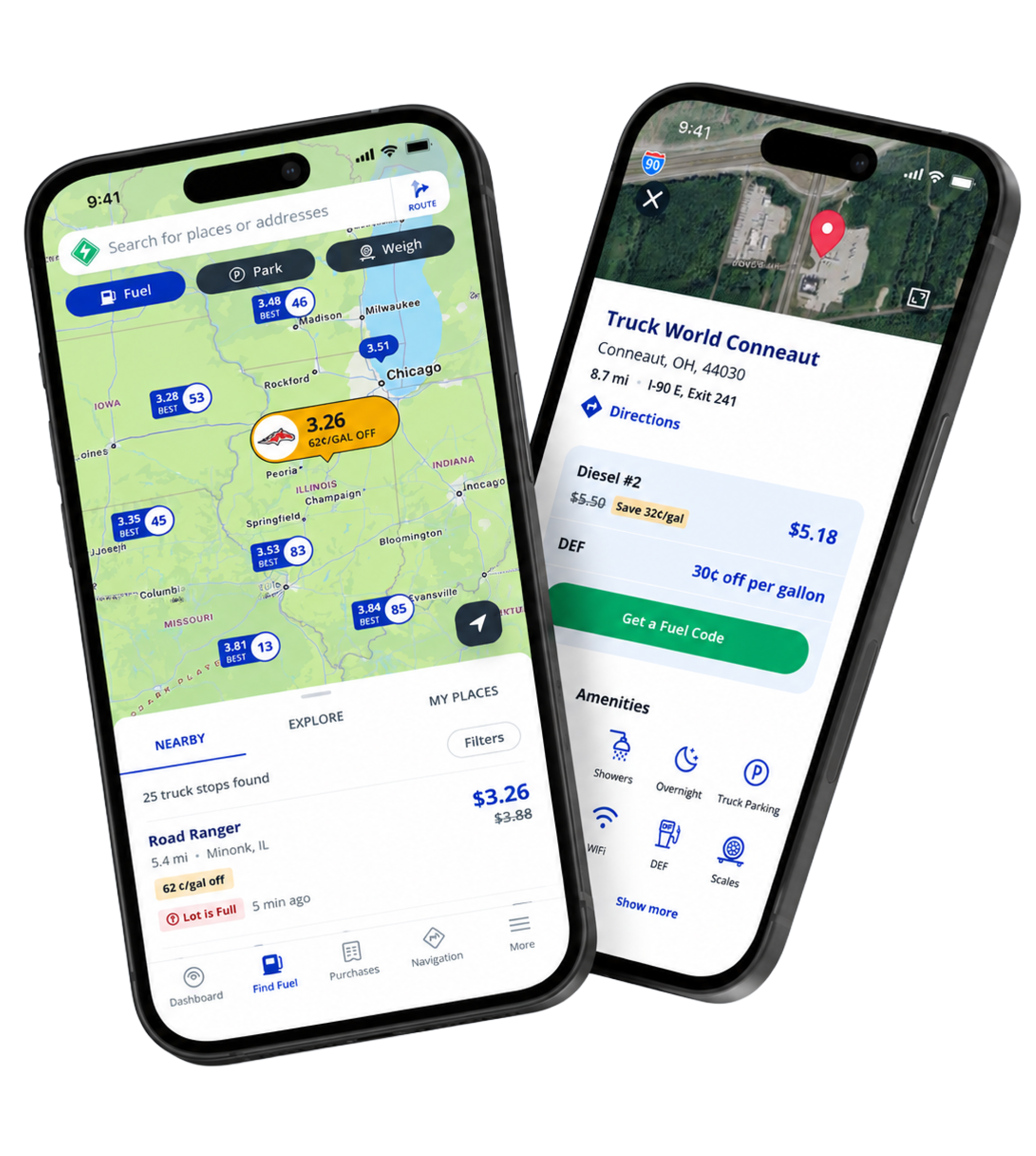 Two phones showing the Mudflap app with fuel prices on one and navigation directions on the other
