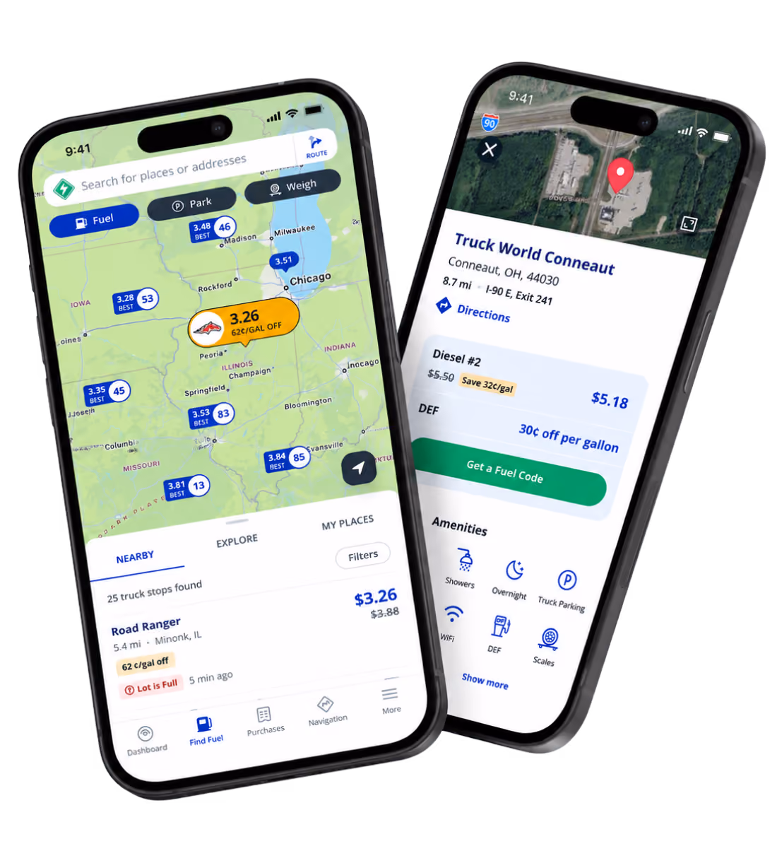 Two phones showing the Mudflap app with fuel prices on one and navigation directions on the other