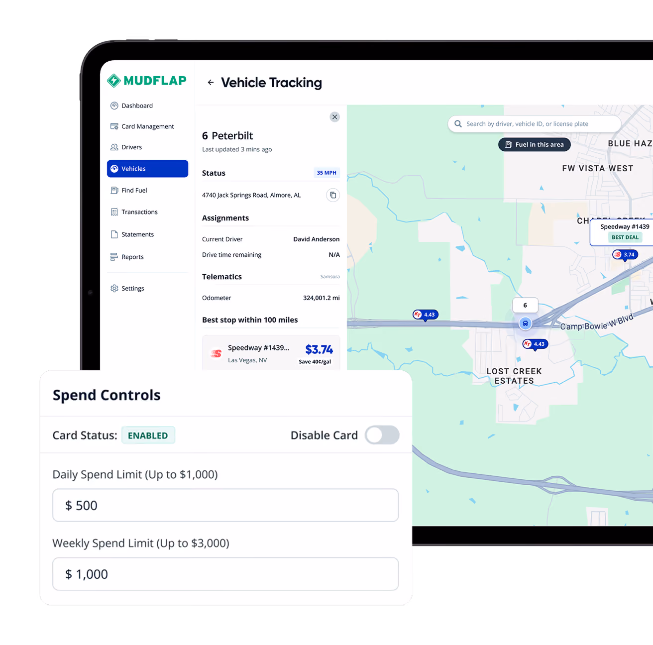 Vehicle tracking dashboard and spend controls interface