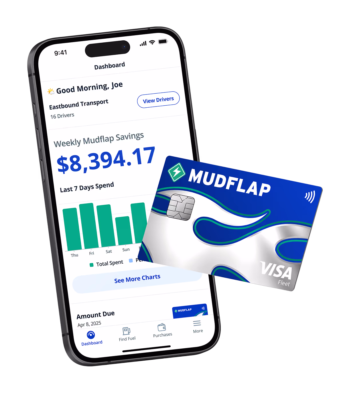 Phone screen displaying weekly savings dashboard with Mudflap Fuel Card