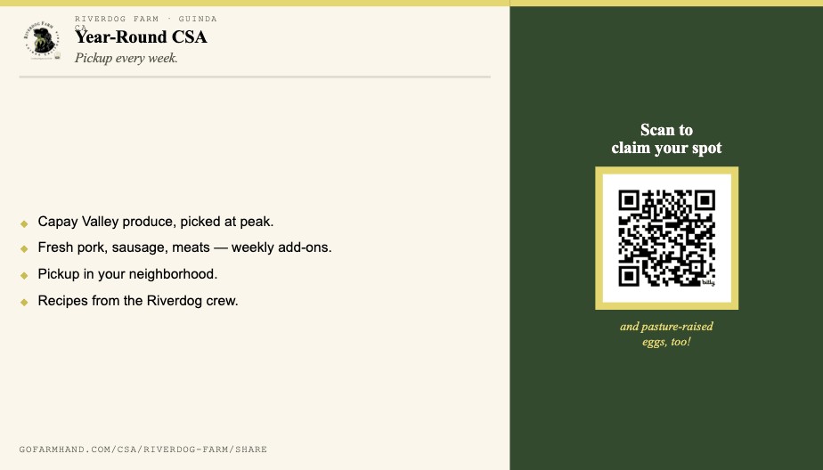 Wallet card back — Riverdog Year-Round CSA bullets and QR code
