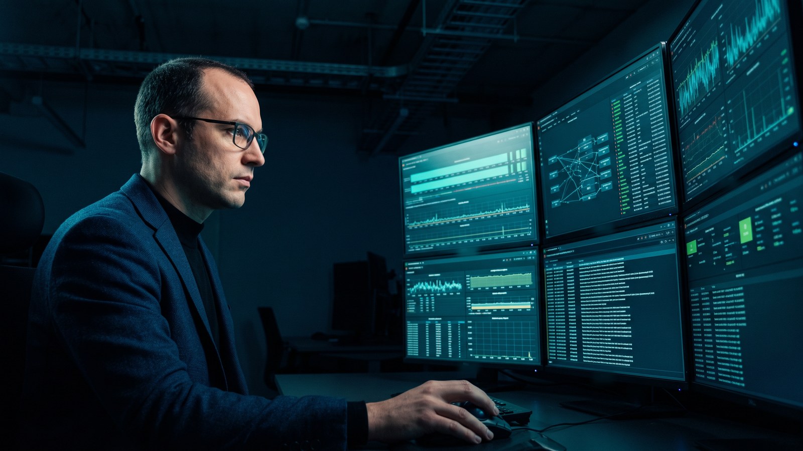 Network engineer reviewing telemetry and availability logs on a console with multiple monitors
