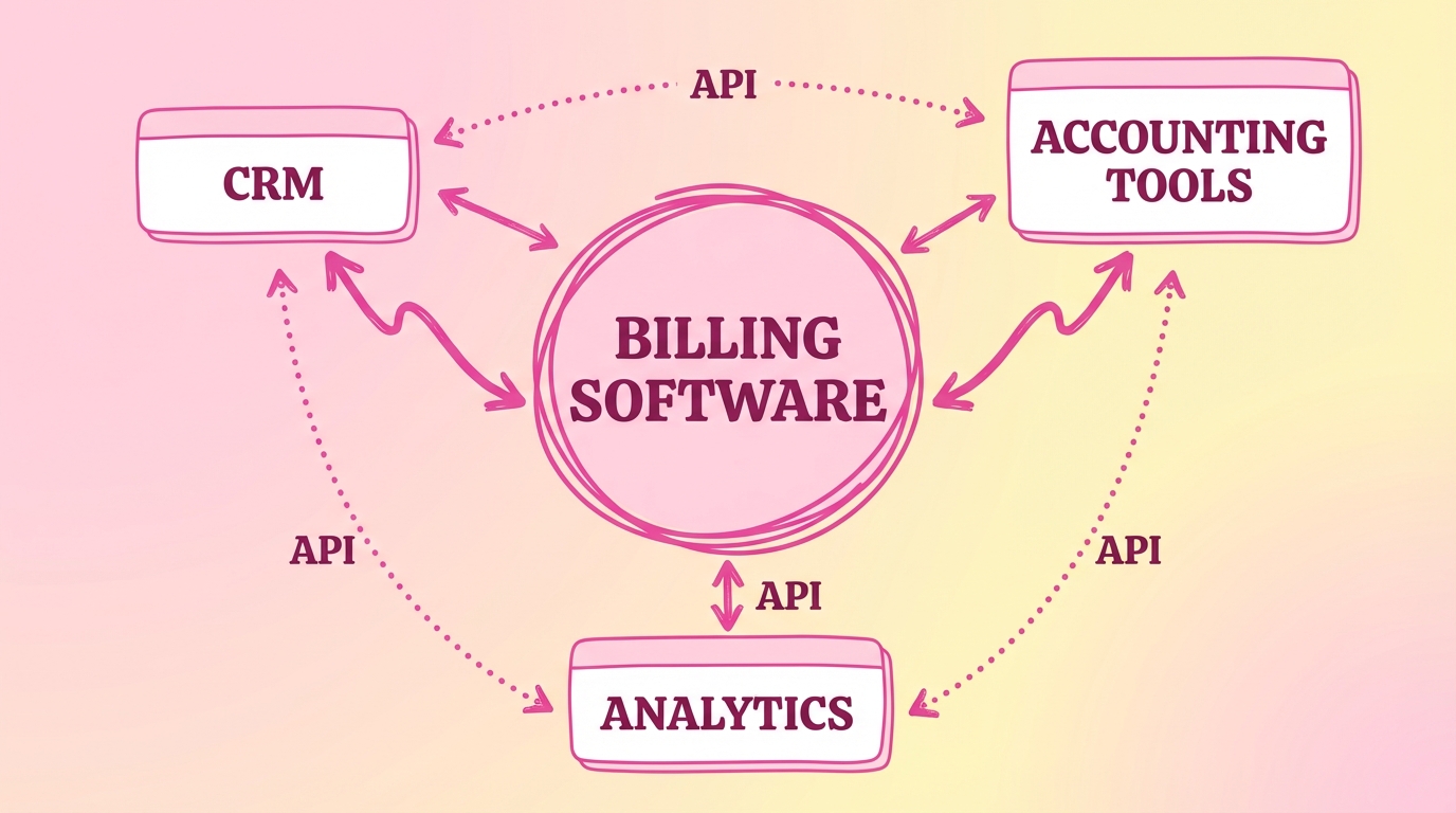 Diagram showing billing software connected to CRM, accounting, and analytics tools via API integrations.