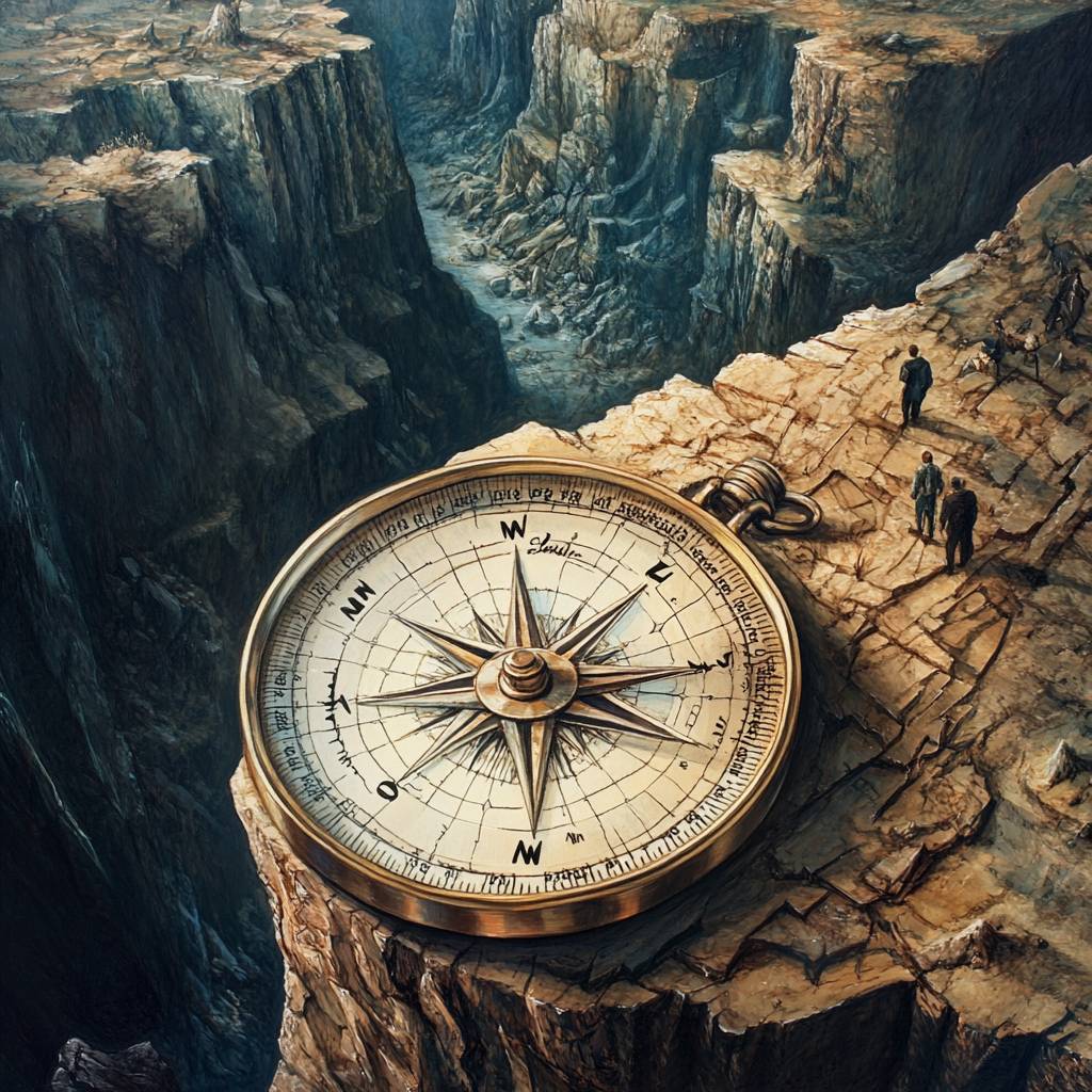 A large, vintage compass rests on a rocky cliff edge with three silhouetted figures standing nearby, overlooking a deep canyon landscape.