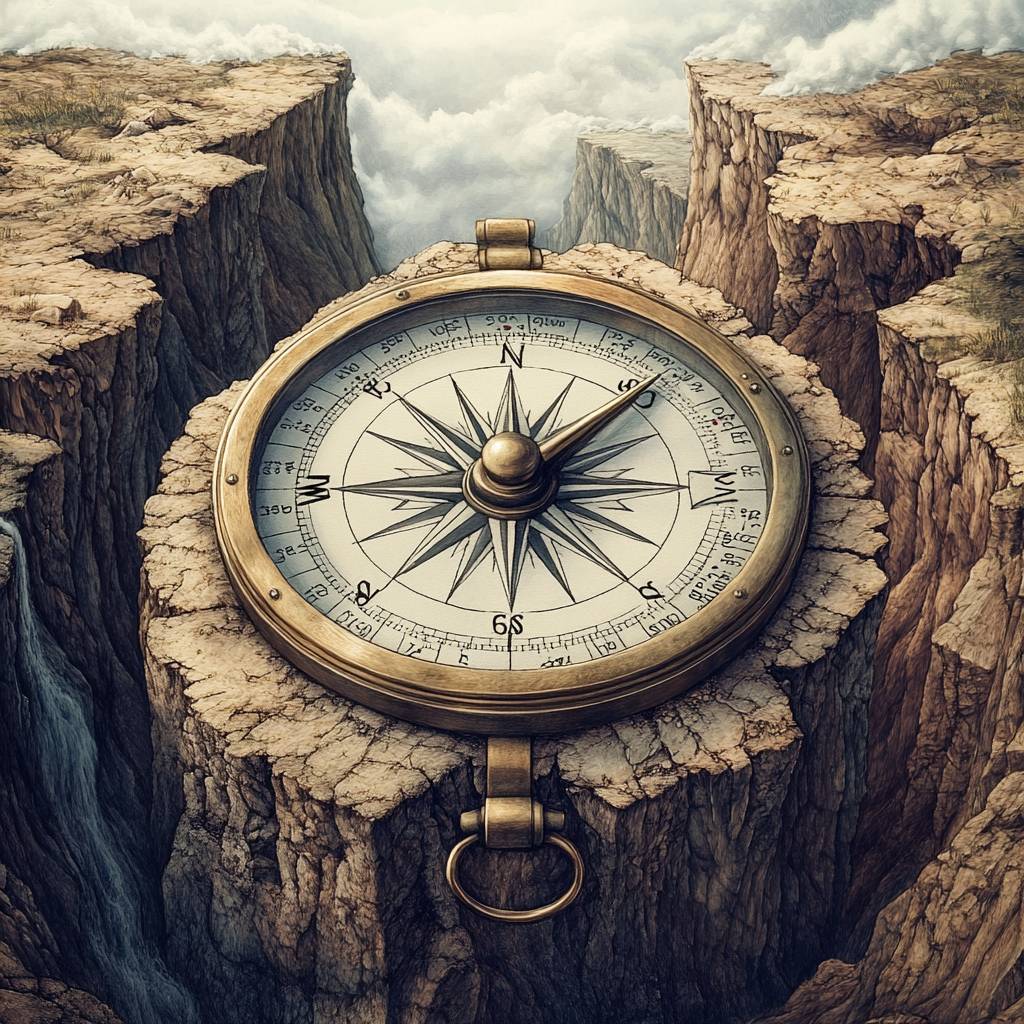 A large compass resting on a cracked rocky surface, with deep chasms on either side, surrounded by clouds in a surreal landscape.
