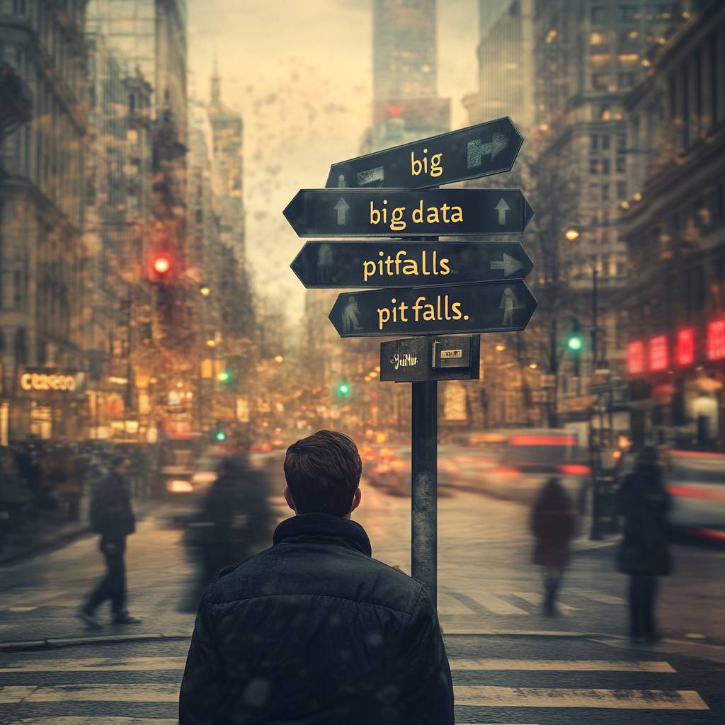 A person stands in front of a signpost on a busy street, with directional arrows labeled "big," "big data," "pitfalls," and "pit falls."