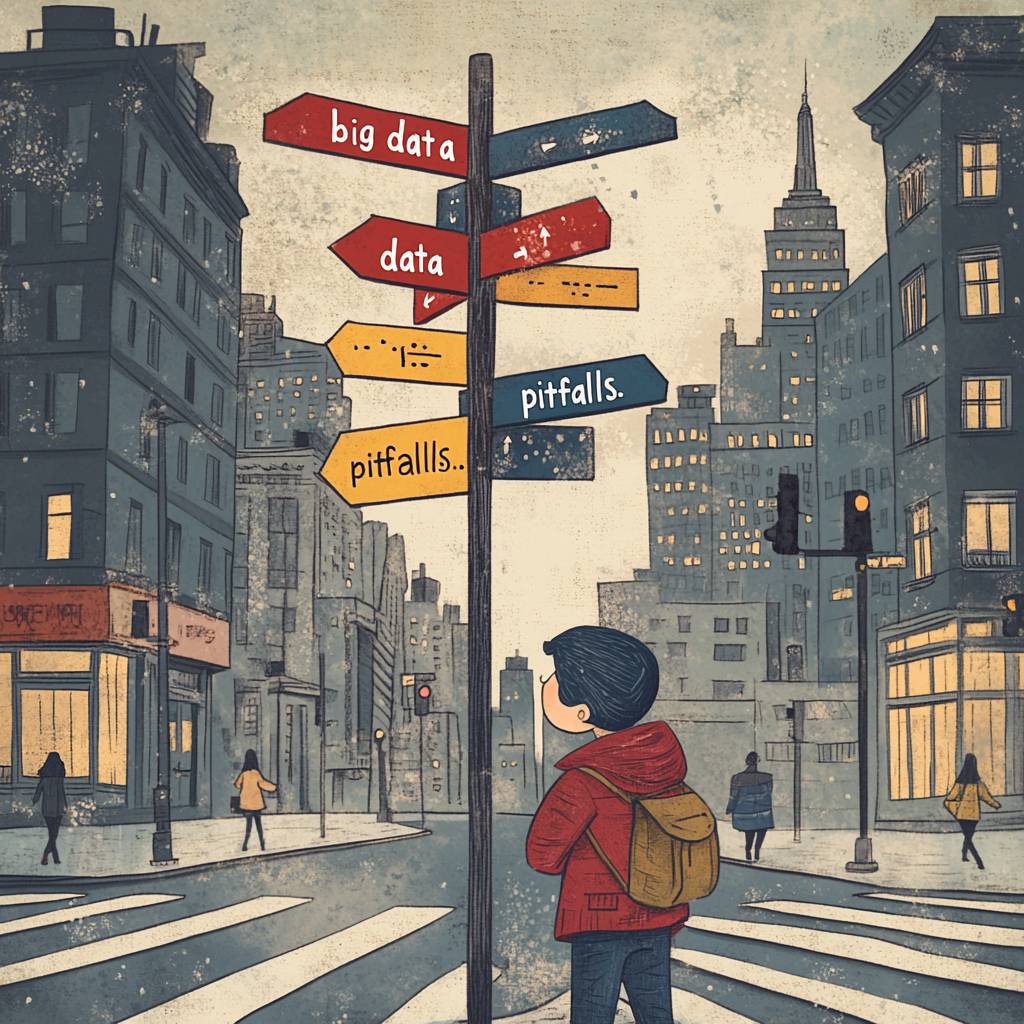 A young child in a red jacket stands at a street signpost with arrows labeled 'big data,' 'data,' and 'pitfalls' in a city setting.