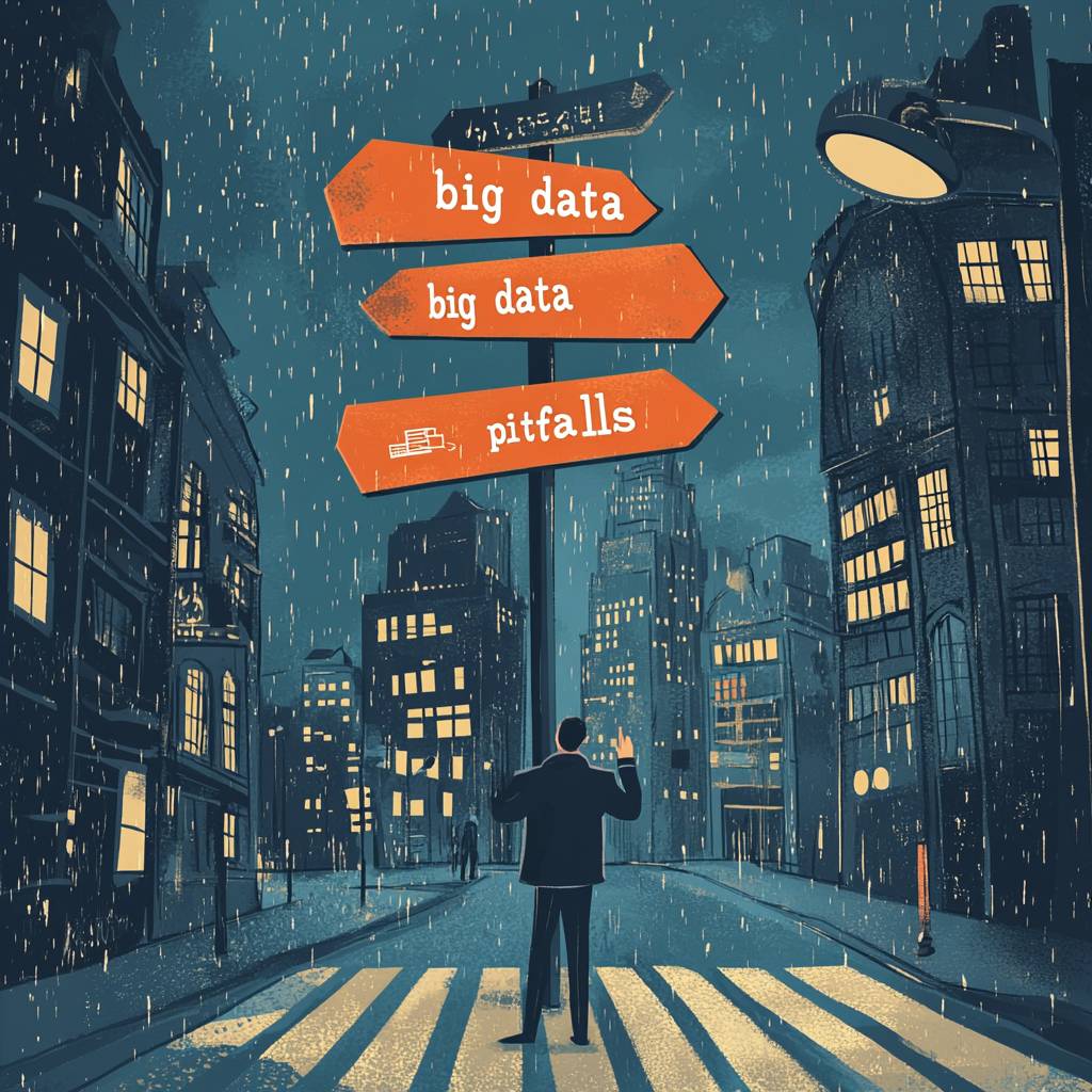 A man in a suit stands at a rainy street intersection, looking at signs pointing to "big data" and "pitfalls" amid a cityscape backdrop.