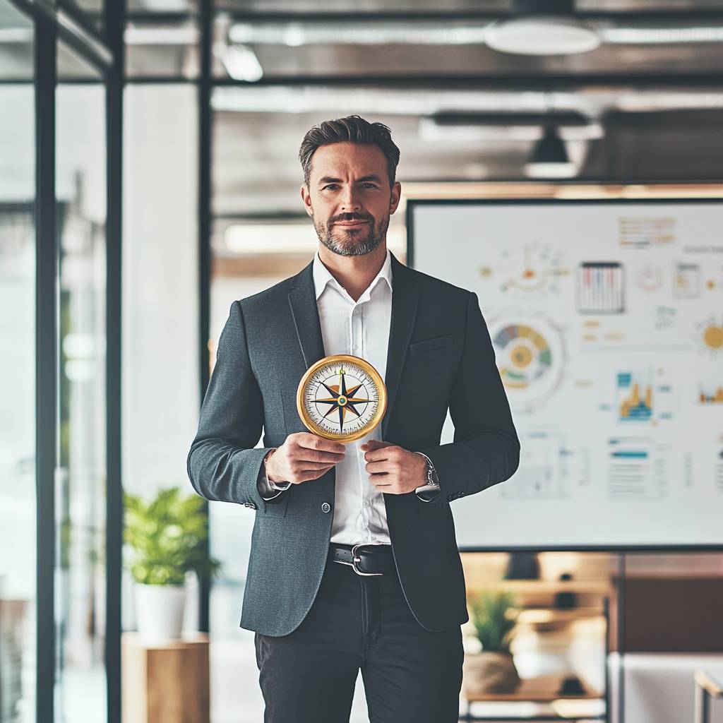 Professional man in a suit holding a compass, standing in an office with charts and plants in the background, conveying a sense of direction and leadership.