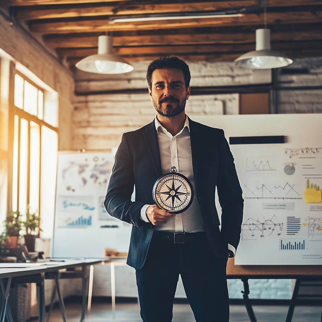 A man in a suit stands holding a compass in an office with charts and graphs on presentation boards in the background, illuminated by sunlight.
