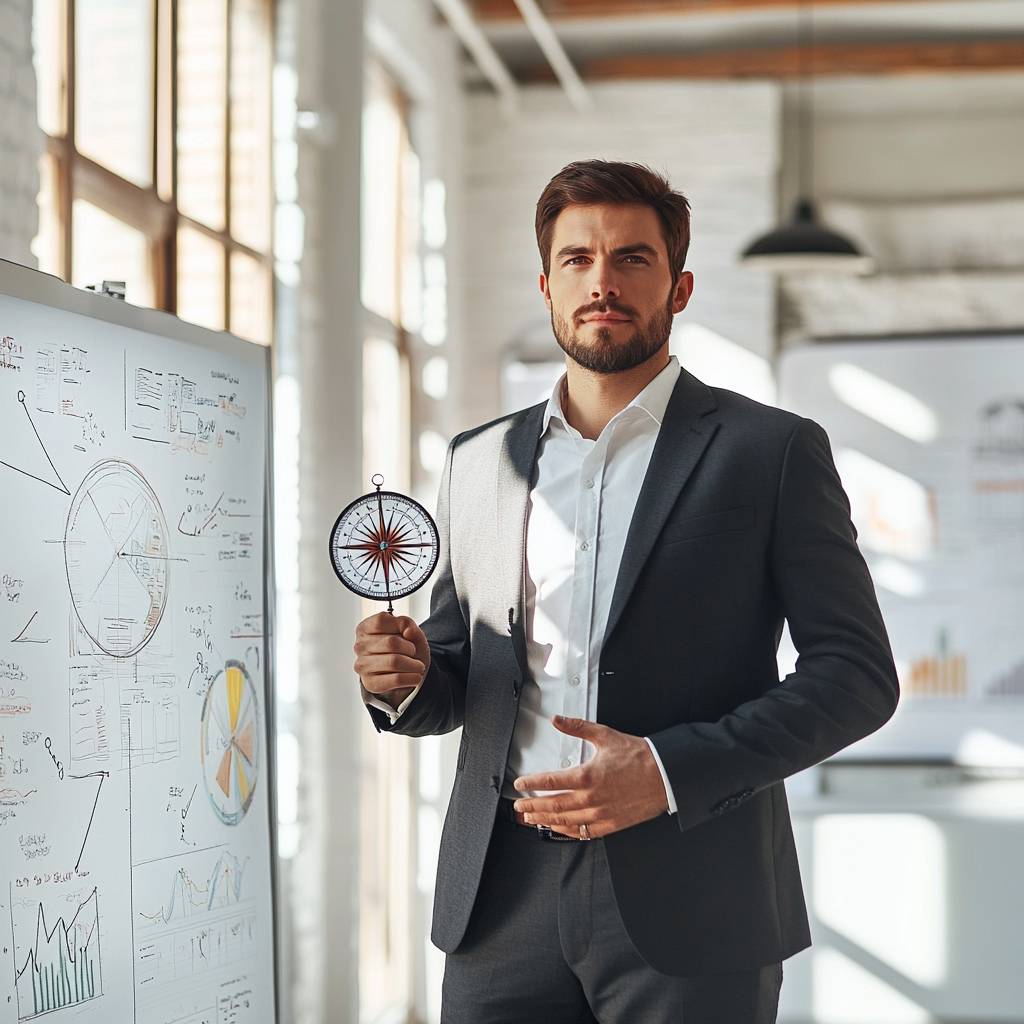 A well-dressed man in a suit stands in an office, holding a compass and facing a whiteboard with charts and graphs behind him.