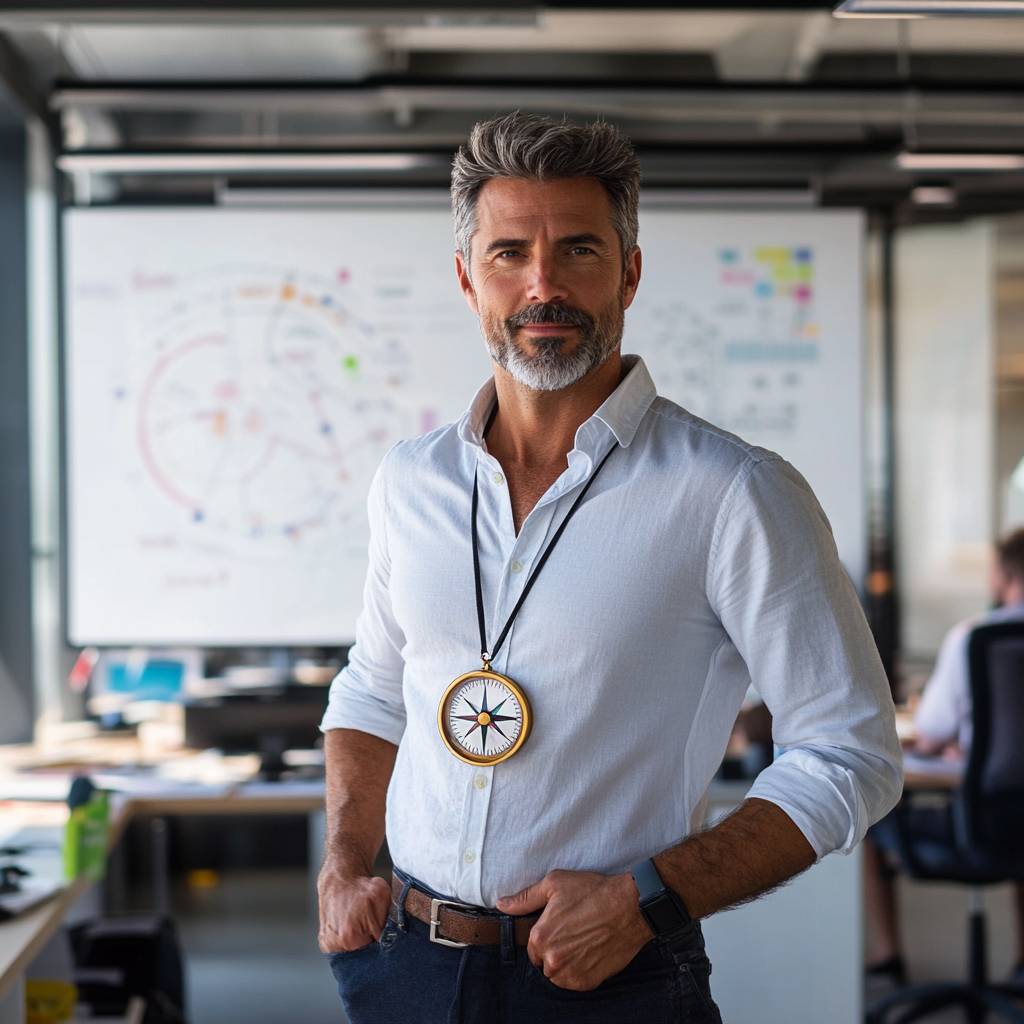 A man with a beard wearing a white shirt and a compass necklace stands confidently in an office setting with charts in the background.