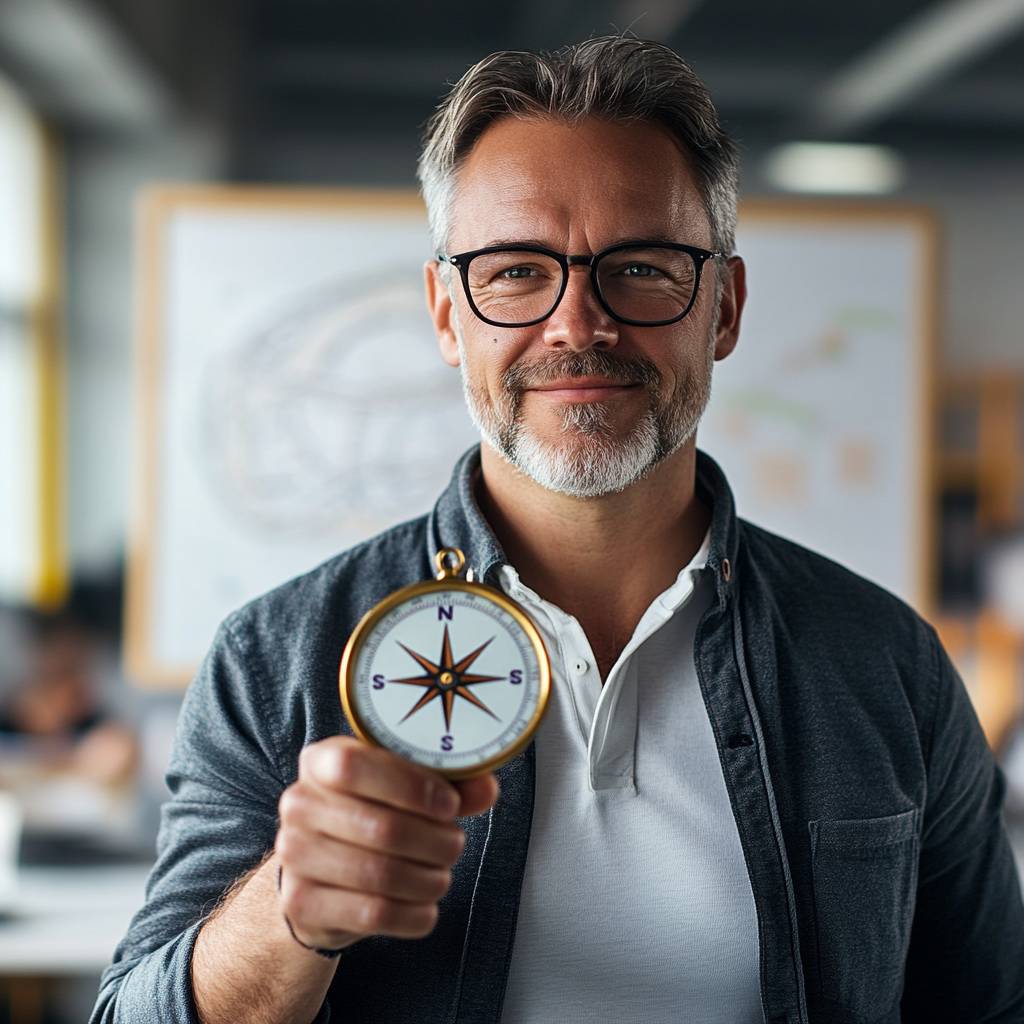 A smiling man with glasses holds a compass, standing in an office environment with a presentation board in the background.
