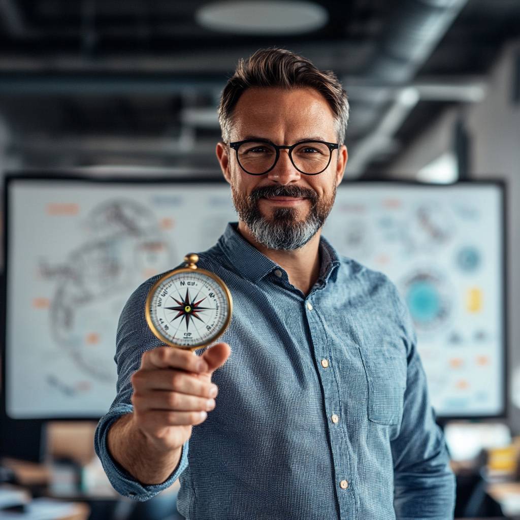 A man with a beard and glasses smiles while holding a compass in front of a blurred background featuring charts and graphs.