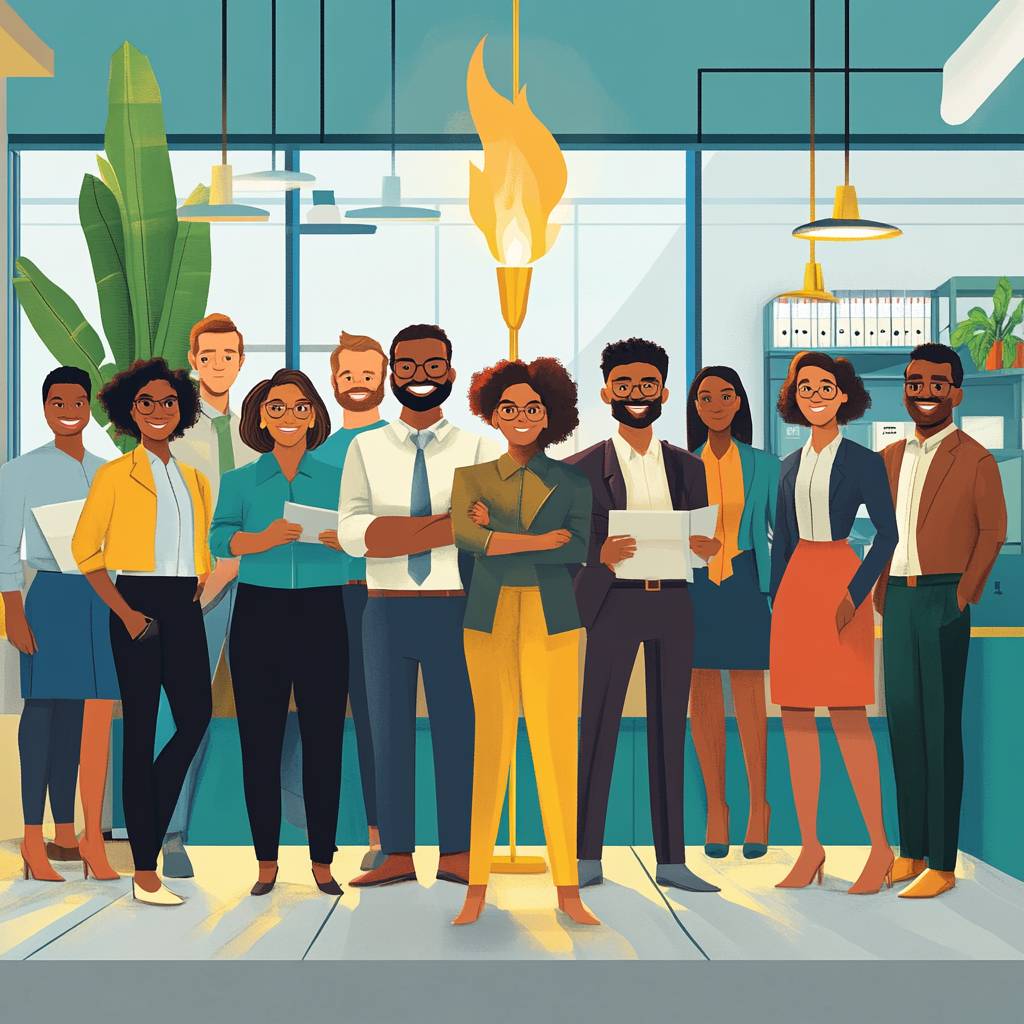 A diverse group of professionals stands confidently in a bright office space, featuring plants, modern decor, and a warm atmosphere.