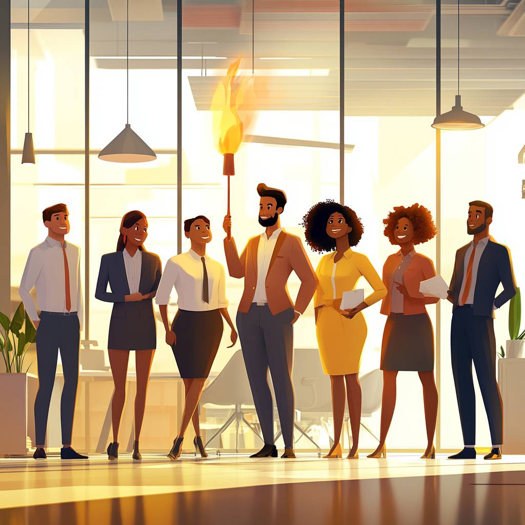A diverse group of six professionals stands in a bright office setting, with one person holding a torch, symbolizing leadership or innovation.