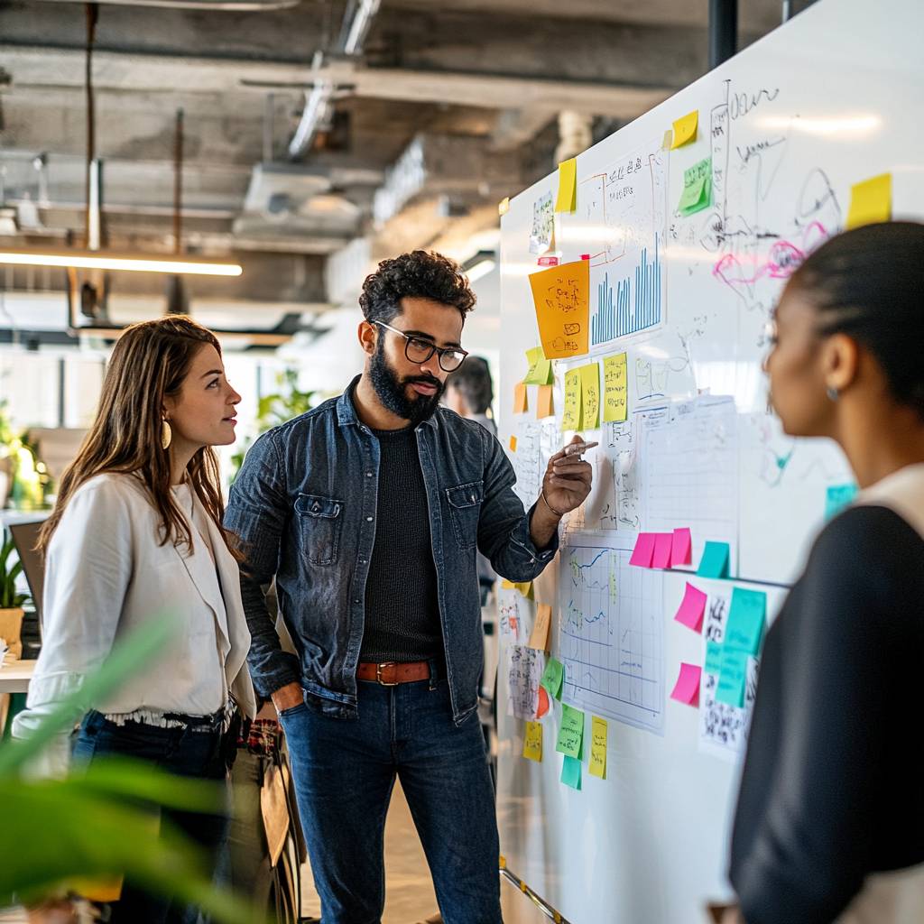 A group of three professionals discusses ideas at a whiteboard covered in charts and colorful sticky notes in a modern office environment.