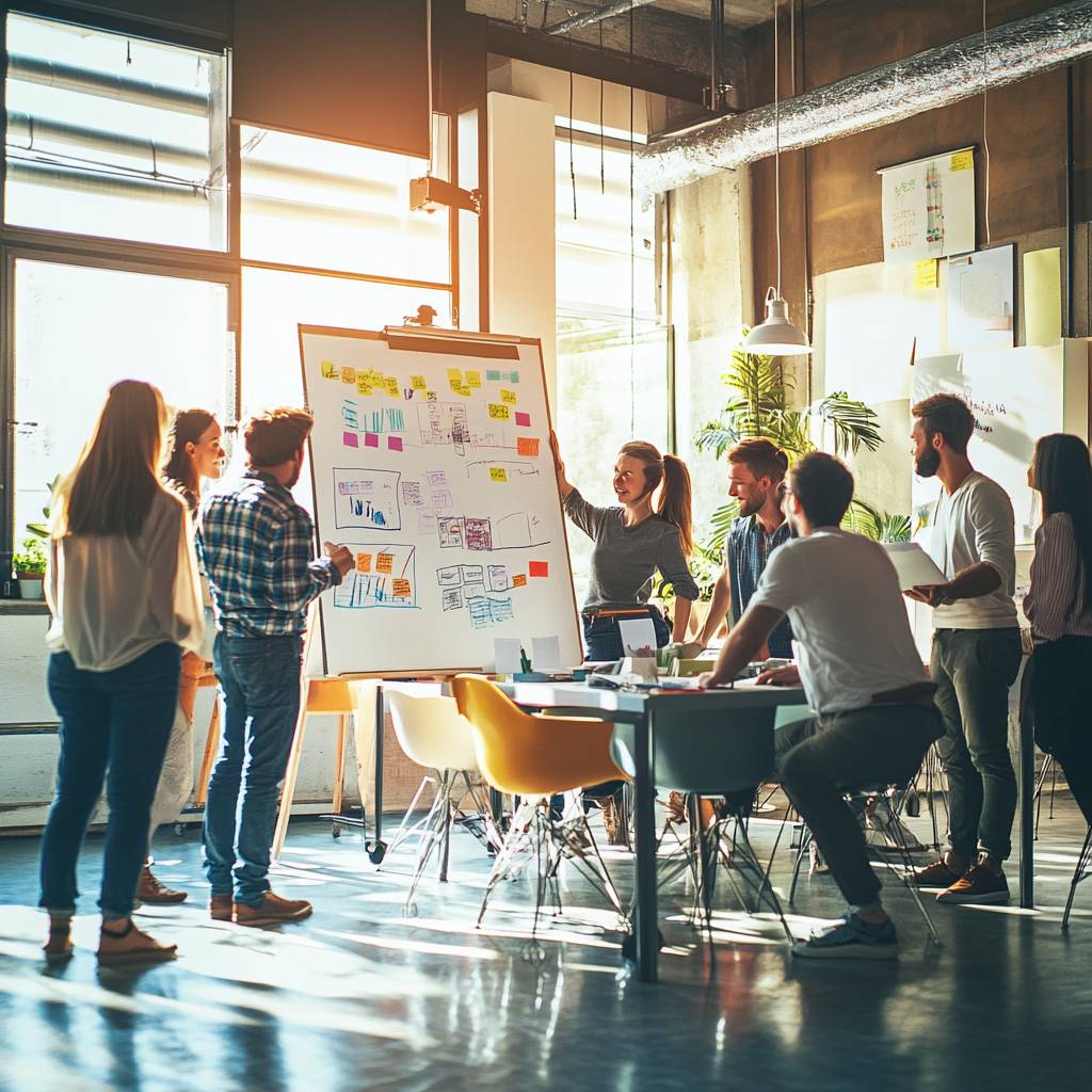 A group of six people collaborates in a bright workspace, discussing ideas in front of a whiteboard filled with notes and sketches.