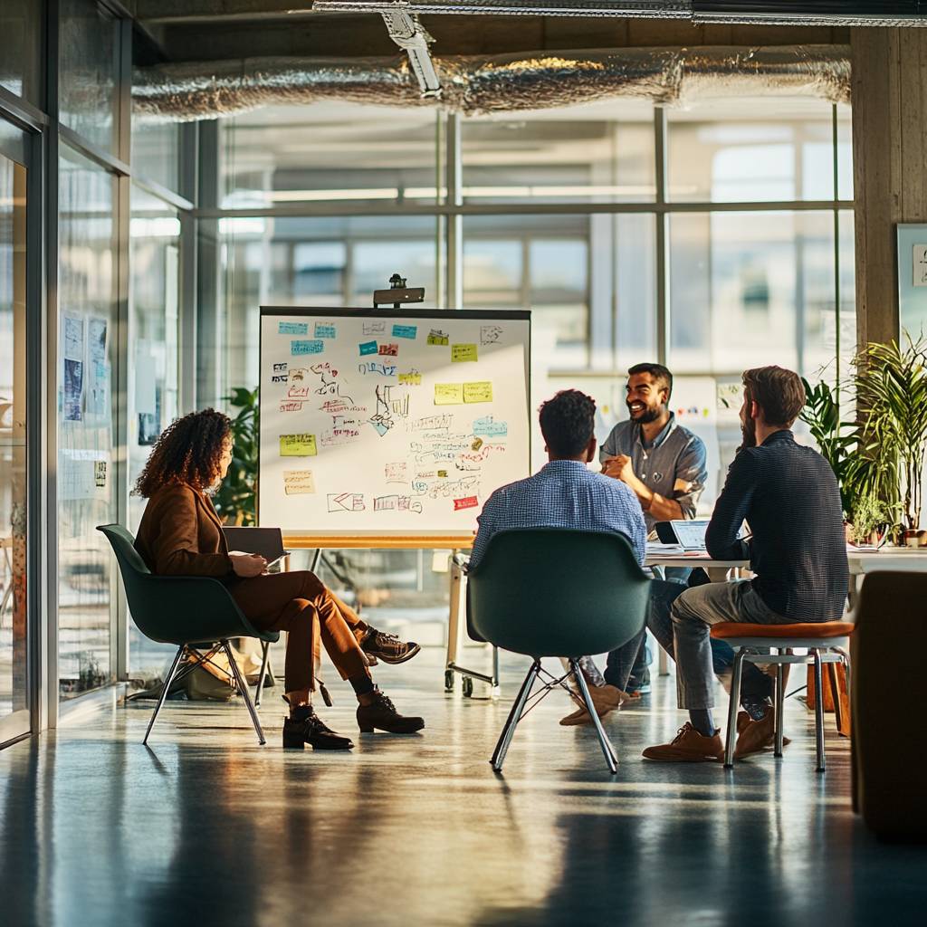 A diverse group of professionals engaged in a meeting, discussing ideas in front of a whiteboard filled with notes and sketches in a modern office space.