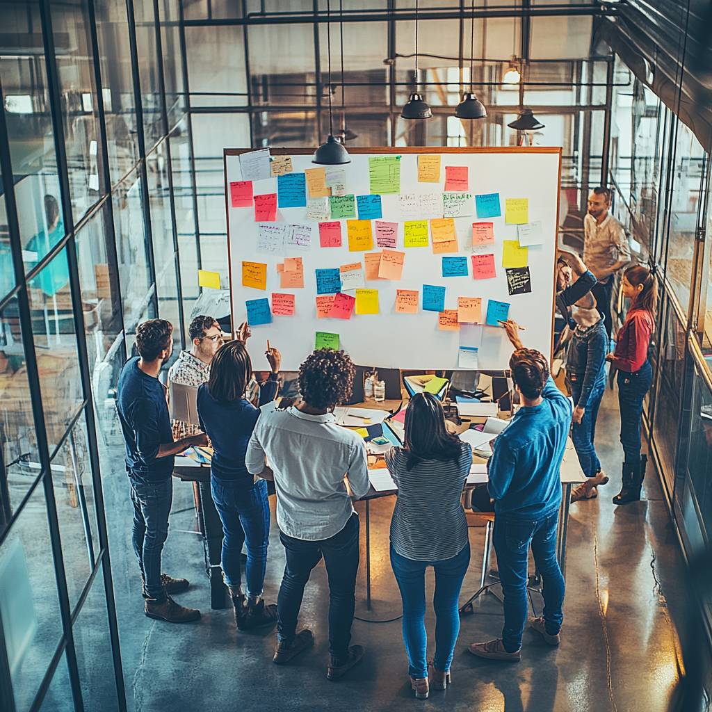 A diverse group of people collaborates around a table, discussing ideas and referencing colorful sticky notes on a whiteboard in a modern office.