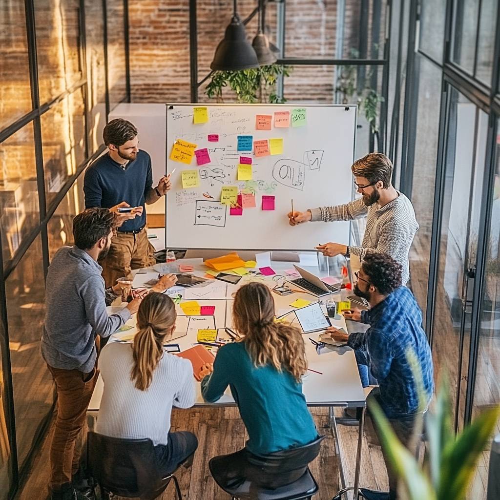 A diverse group of people in a modern office collaborate around a table filled with papers, laptops, and colorful sticky notes, brainstorming ideas.