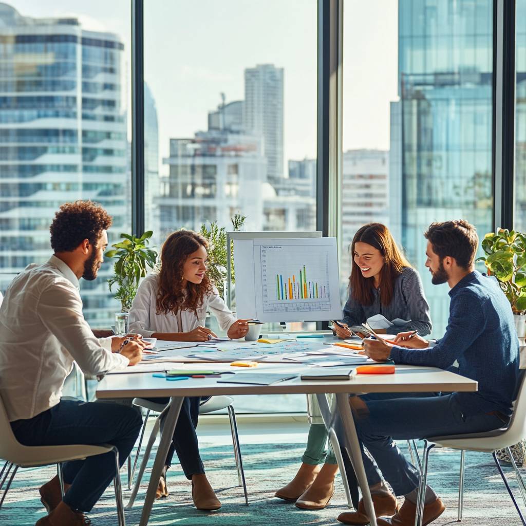 A diverse group of four professionals collaborates around a table, examining a graph displayed on a monitor, with a city skyline in the background.