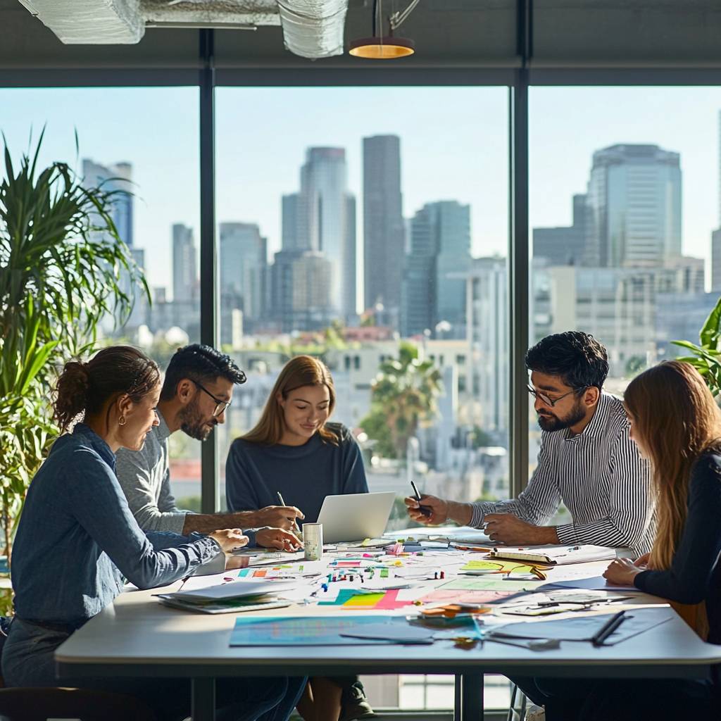 A diverse group of five people collaborates at a table covered in documents and colorful notes, with a city skyline visible through large windows.