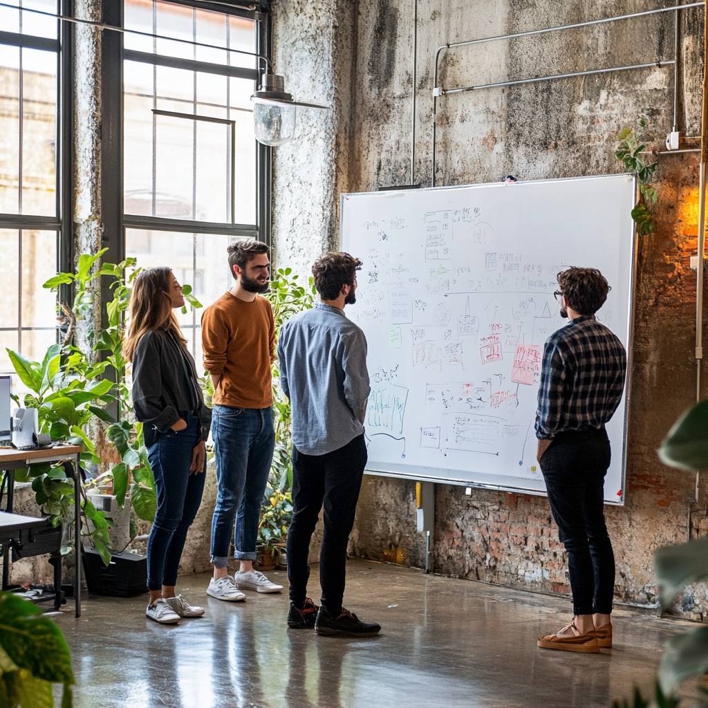 A group of four people stands in an industrial-style room, discussing ideas while looking at a whiteboard filled with charts and diagrams.