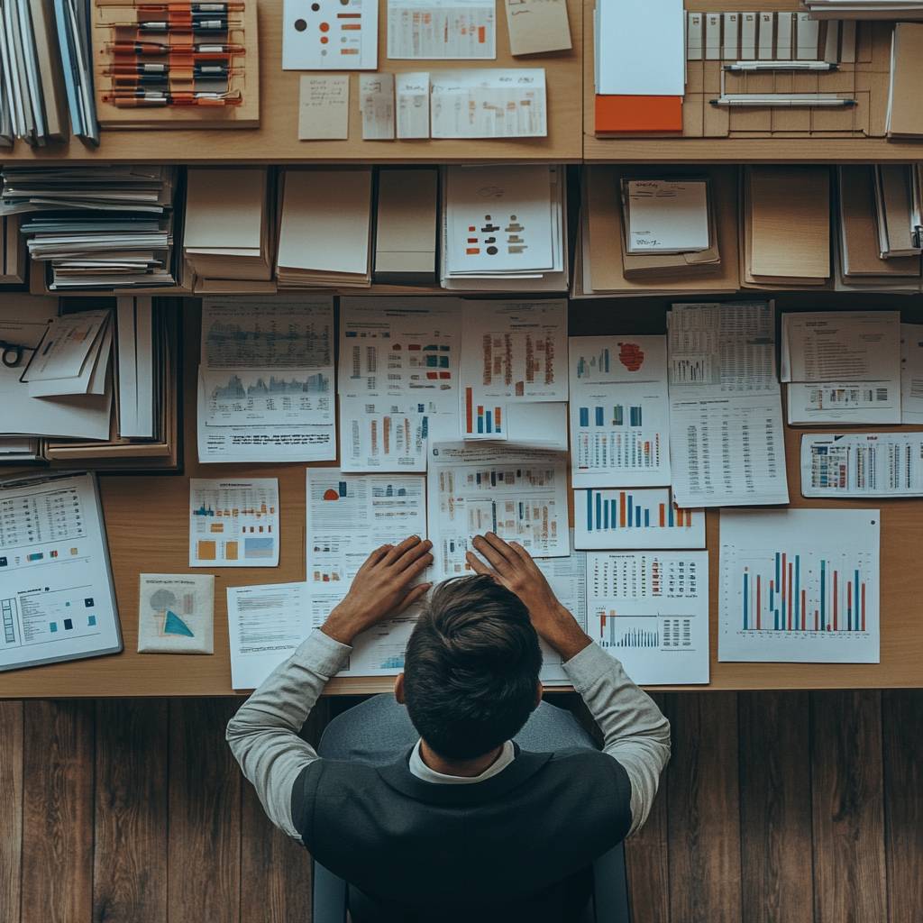 Aerial view of a man sitting at a desk covered with various reports and charts, analyzing data with his hands on the documents.