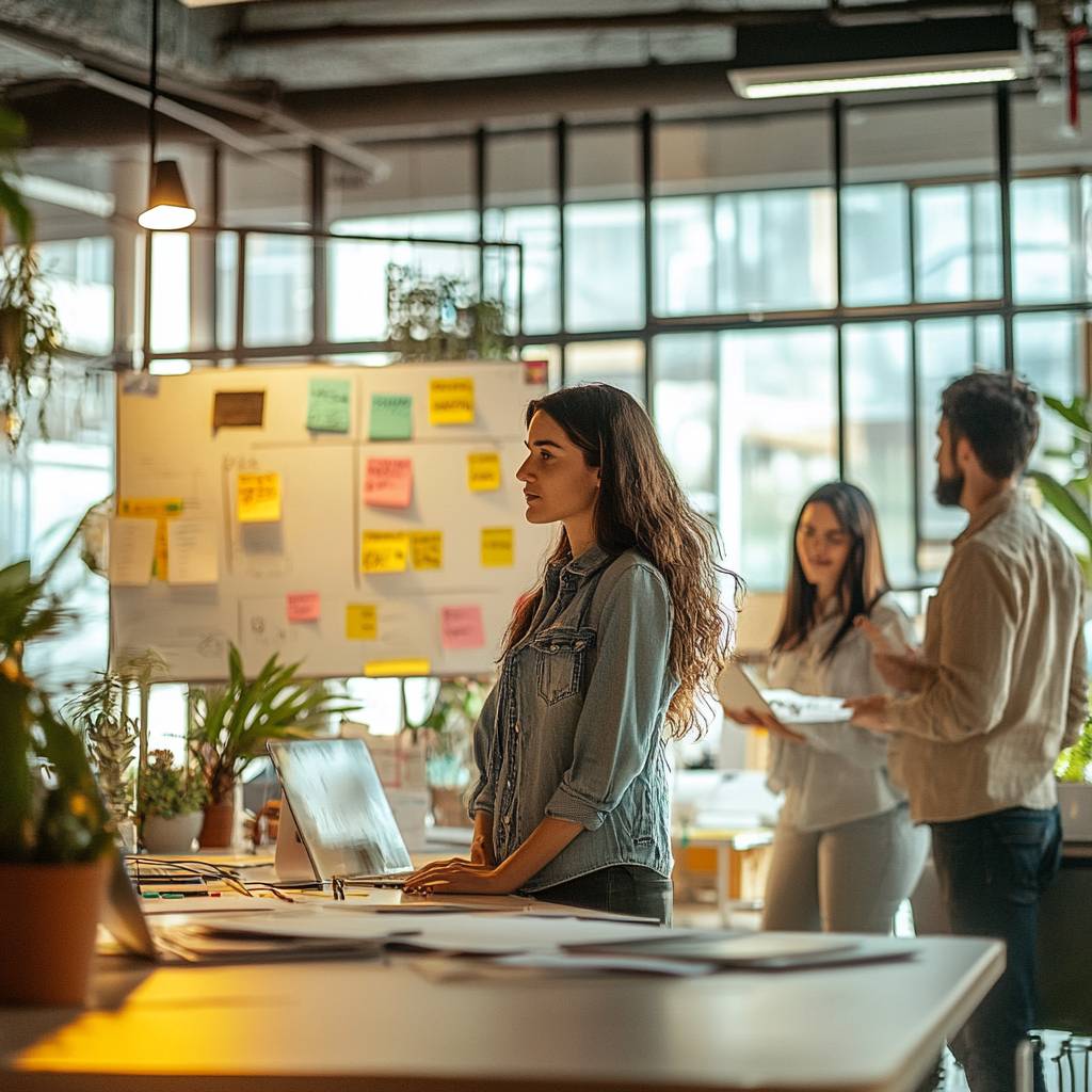 A woman with long hair stands at a desk in a modern workspace, while two colleagues discuss a project in the background, surrounded by plants.