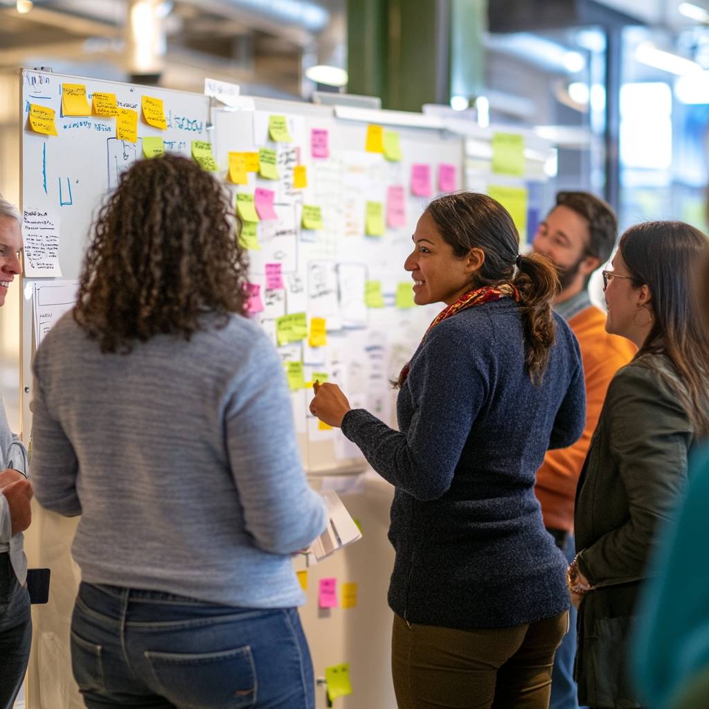 A diverse group of people engage in a collaborative brainstorming session in front of a wall covered with sticky notes and sketches.