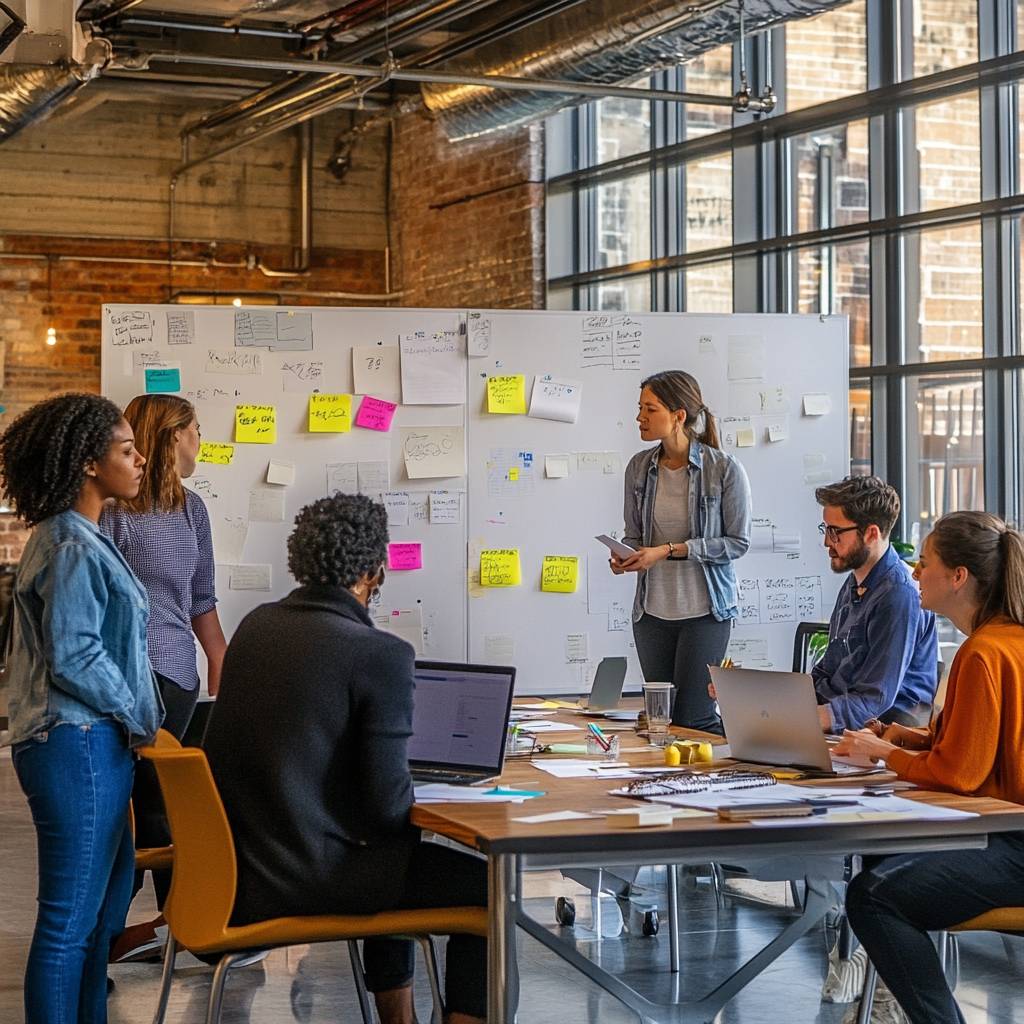 A diverse group of professionals in a modern office space collaborates around a table with laptops, sticky notes, and a whiteboard filled with ideas.