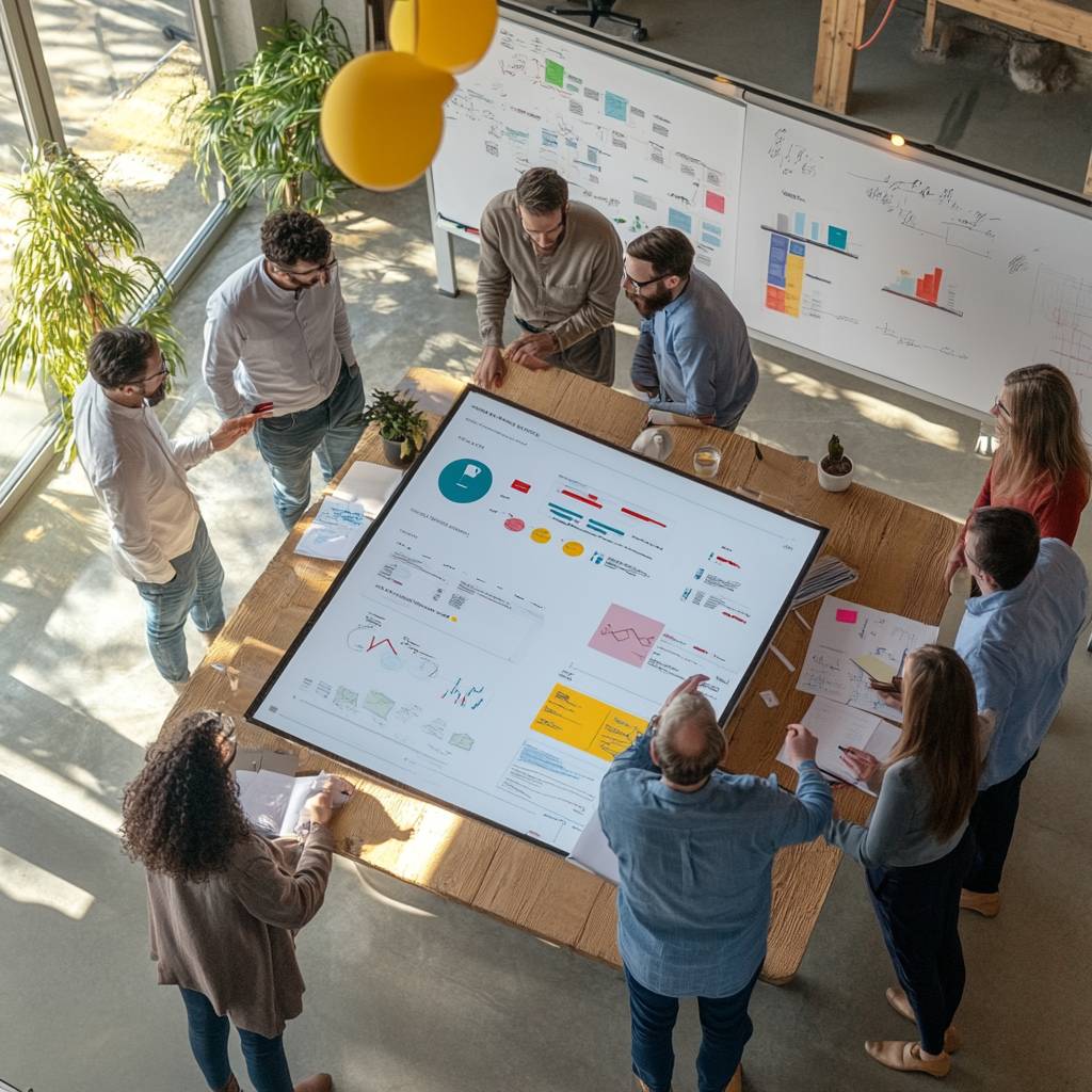 A diverse group of professionals collaborates around a large table, reviewing data and charts displayed on a digital screen in a bright workspace.