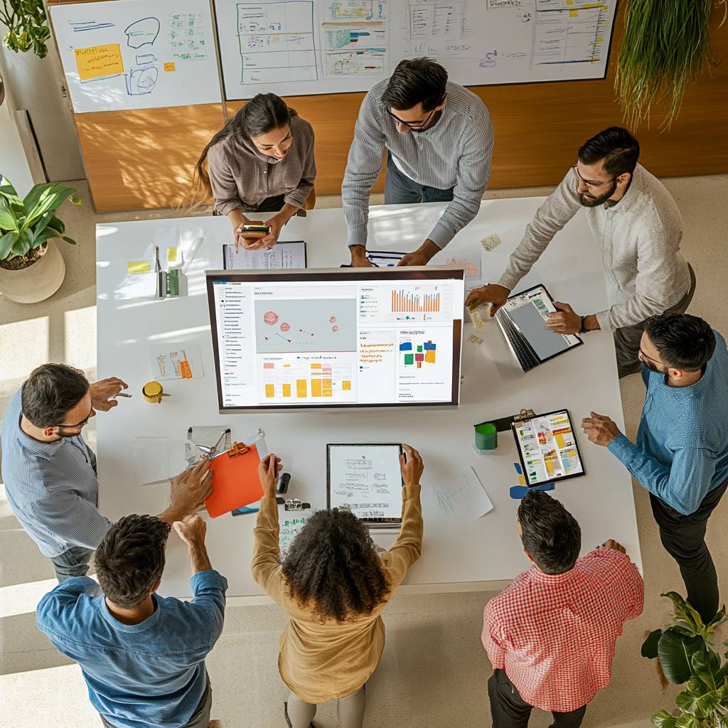 A diverse group of professionals collaborates around a large table, analyzing data displayed on a monitor, with laptops and documents scattered around.