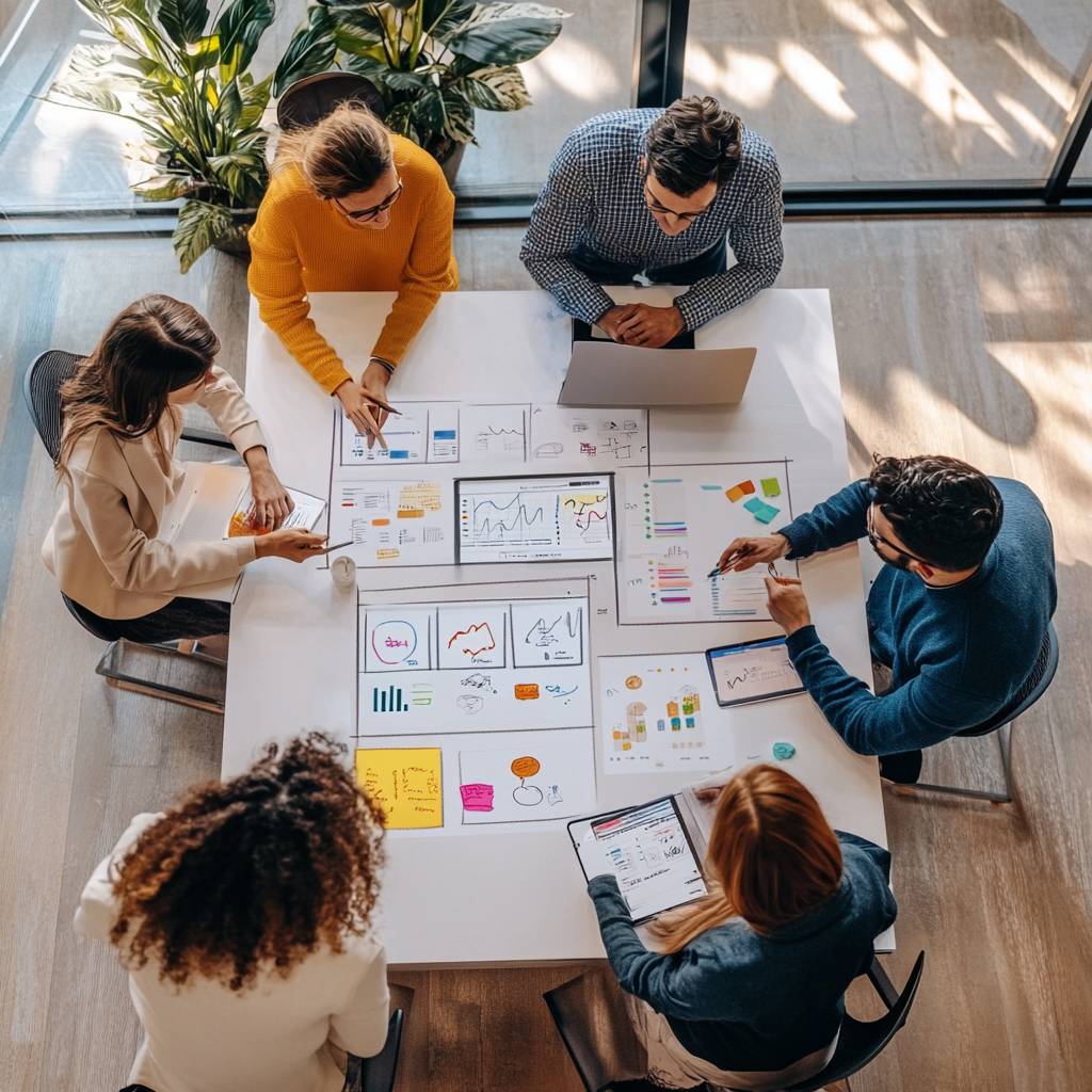 A group of diverse individuals collaborate around a table covered with charts, graphs, and digital devices in a well-lit workspace.