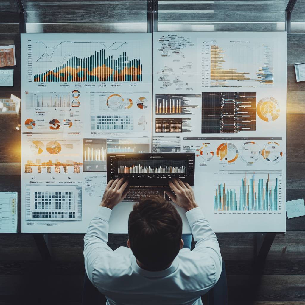 A person in a white shirt analyzes various data charts and graphs displayed on a large table, using a laptop surrounded by reports and documents.