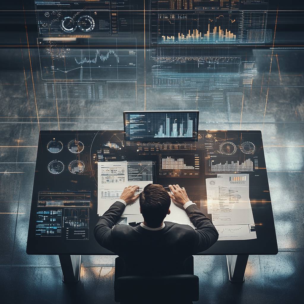 Aerial view of a businessman in a suit sitting at a high-tech desk, working with multiple digital screens displaying graphs and data analytics.