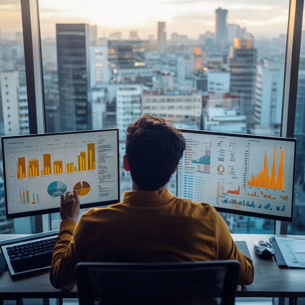 A person in a yellow shirt is seated at a desk with dual monitors displaying various data visualizations, overlooking a city skyline at sunset.